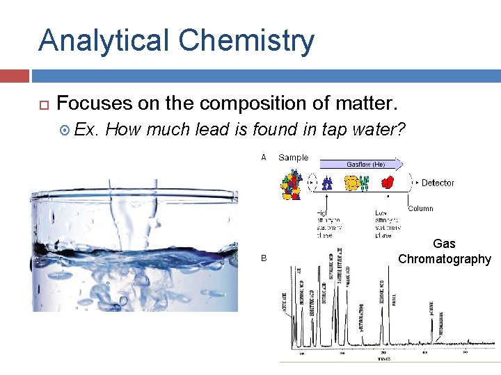 Analytical Chemistry Focuses on the composition of matter. Ex. How much lead is found