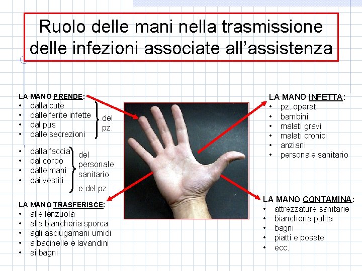 Ruolo delle mani nella trasmissione delle infezioni associate all’assistenza LA MANO PRENDE: • •