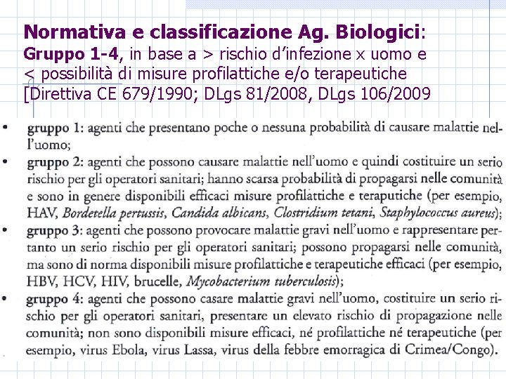 Normativa e classificazione Ag. Biologici: Gruppo 1 -4, in base a > rischio d’infezione