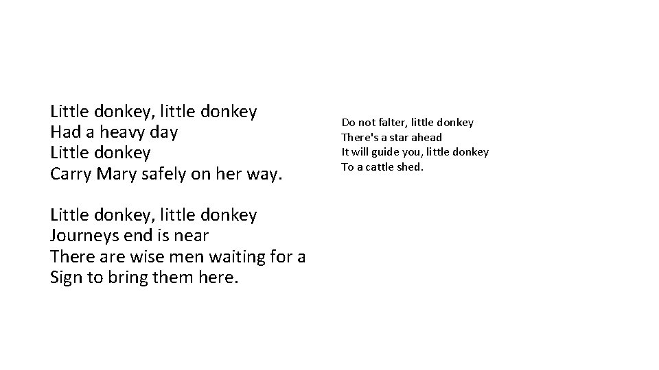 Little donkey, little donkey Had a heavy day Little donkey Carry Mary safely on