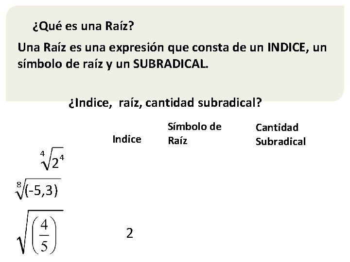 ¿Qué es una Raíz? Una Raíz es una expresión que consta de un INDICE, ¿Qué es una Raíz? Una Raíz es una expresión que consta de un INDICE,