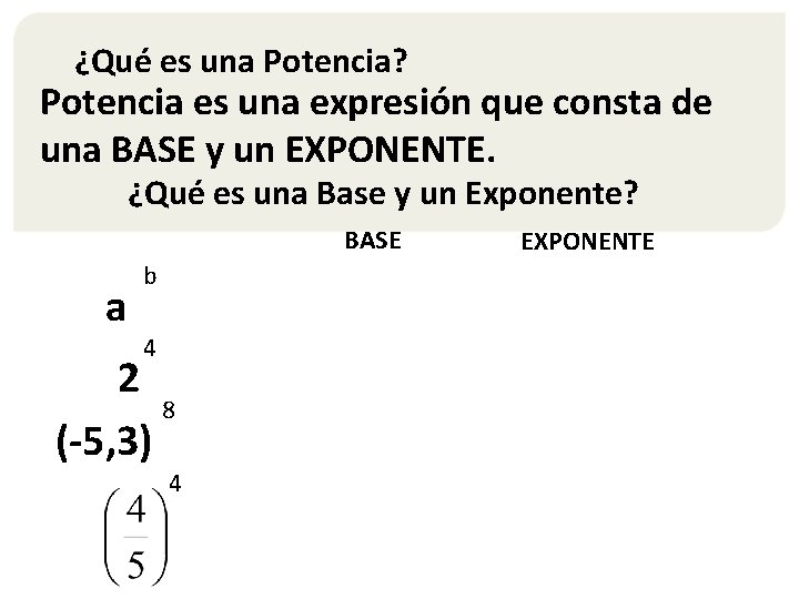 ¿Qué es una Potencia? Potencia es una expresión que consta de una BASE y ¿Qué es una Potencia? Potencia es una expresión que consta de una BASE y
