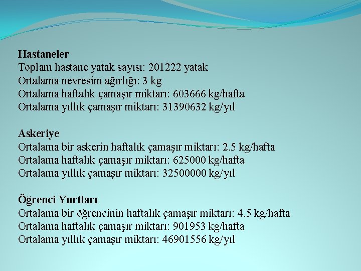 Hastaneler Toplam hastane yatak sayısı: 201222 yatak Ortalama nevresim ağırlığı: 3 kg Ortalama haftalık Hastaneler Toplam hastane yatak sayısı: 201222 yatak Ortalama nevresim ağırlığı: 3 kg Ortalama haftalık
