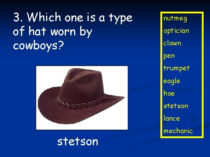 3. Which one is a type of hat worn by cowboys? nutmeg optician clown