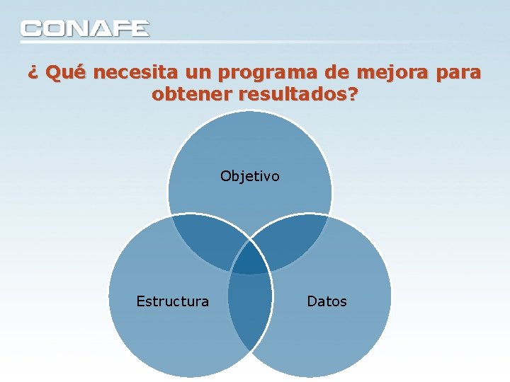 ¿ Qué necesita un programa de mejora para obtener resultados? Objetivo Estructura Datos ¿ Qué necesita un programa de mejora para obtener resultados? Objetivo Estructura Datos