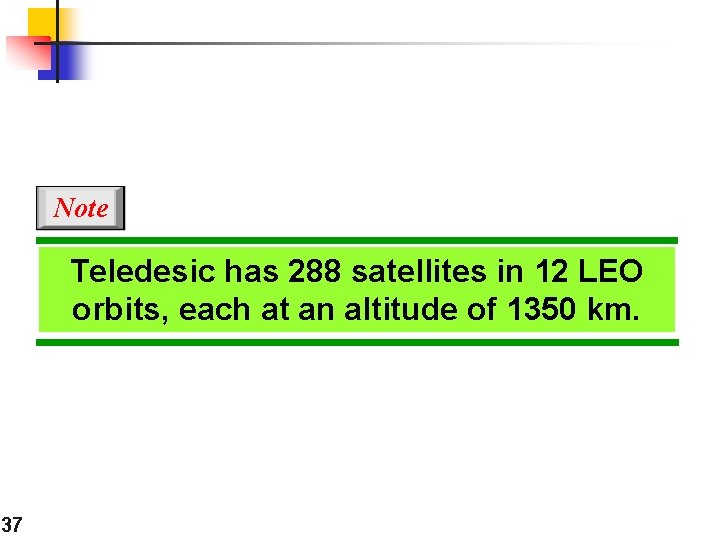 Note Teledesic has 288 satellites in 12 LEO orbits, each at an altitude of