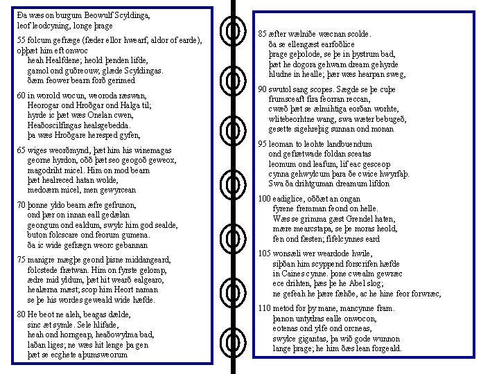 Ða wæs on burgum Beowulf Scyldinga, leof leodcyning, longe þrage 55 folcum gefræge (fæder