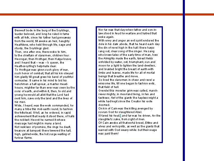 Beowulf bode in the burg of the Scyldings, leader beloved, and long he ruled