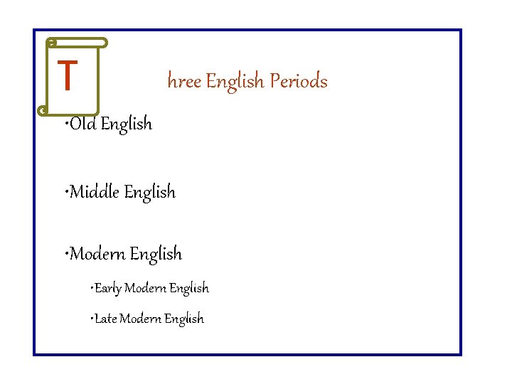 T hree English Periods • Old English • Middle English • Modern English •