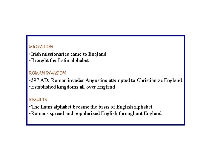 MIGRATION • Irish missionaries came to England • Brought the Latin alphabet ROMAN INVASION