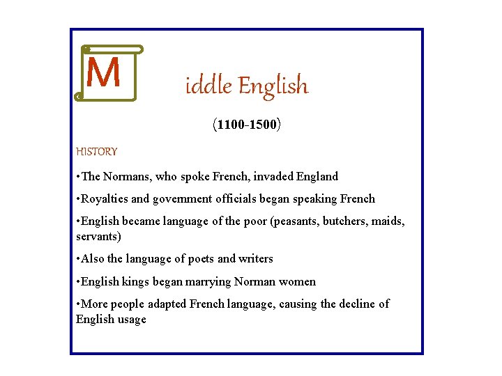 M iddle English (1100 -1500) HISTORY • The Normans, who spoke French, invaded England