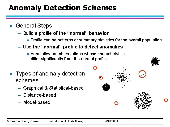 Anomaly Detection Schemes l General Steps – Build a profile of the “normal” behavior