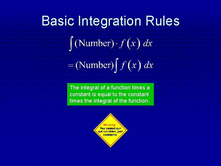 Basic Integration Rules The integral of a function times a constant is equal to