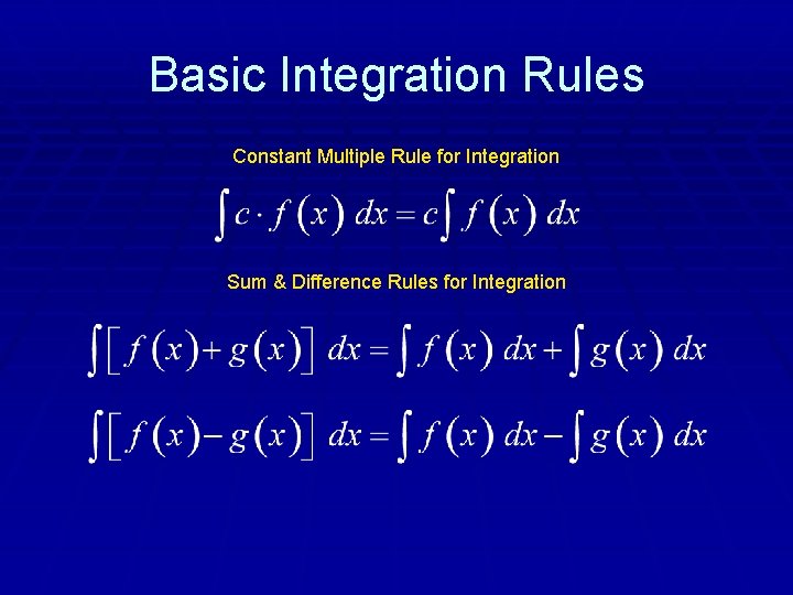 Basic Integration Rules Constant Multiple Rule for Integration Sum & Difference Rules for Integration