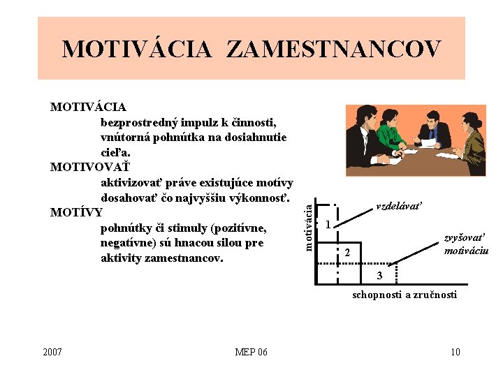 MOTIVÁCIA bezprostredný impulz k činnosti, vnútorná pohnútka na dosiahnutie cieľa. MOTIVOVAŤ aktivizovať práve existujúce