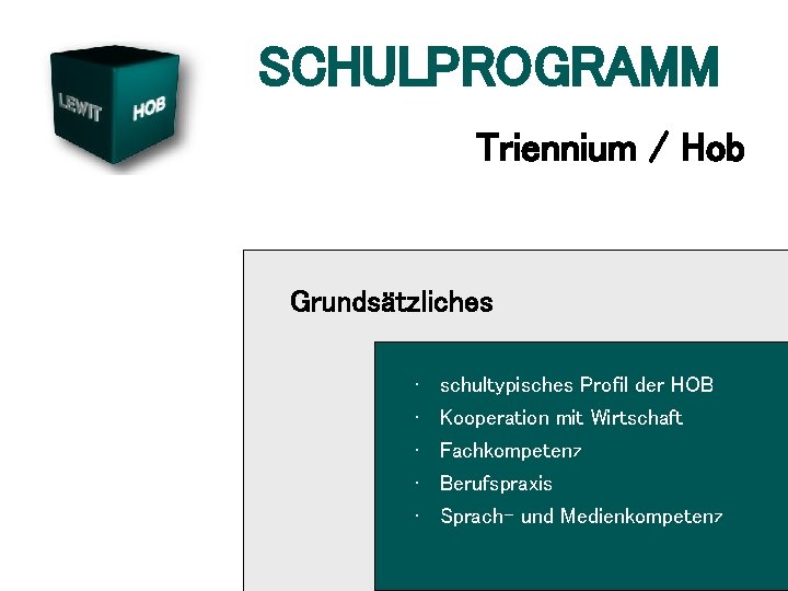 SCHULPROGRAMM Triennium / Hob Grundsätzliches • • • schultypisches Profil der HOB Kooperation mit