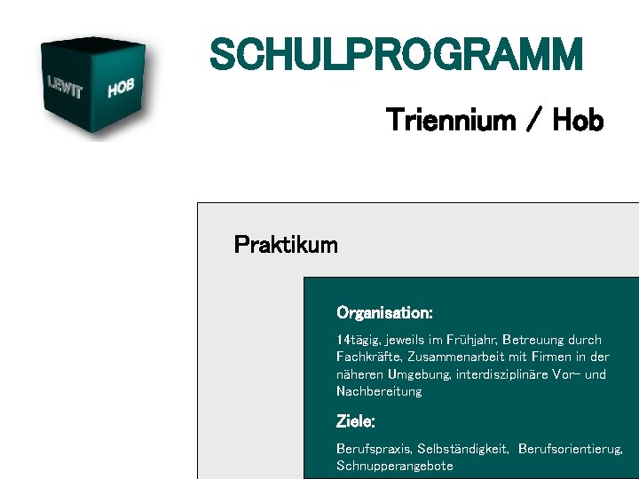 SCHULPROGRAMM Triennium / Hob Praktikum Organisation: 14 tägig, jeweils im Frühjahr, Betreuung durch Fachkräfte,