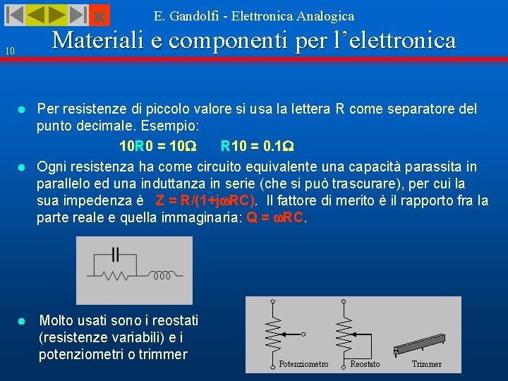  E. Gandolfi - Elettronica Analogica Materiali e componenti per l’elettronica 10 Per resistenze
