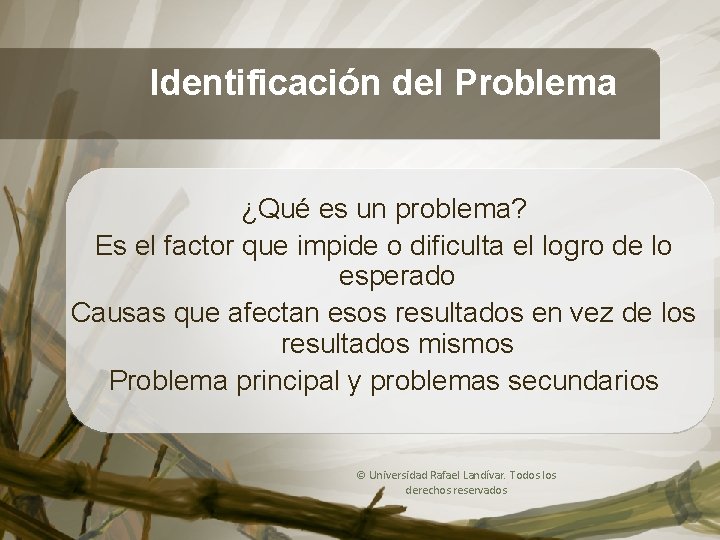 Identificación del Problema Análisis de Casos ¿Qué es un problema? Es el factor que