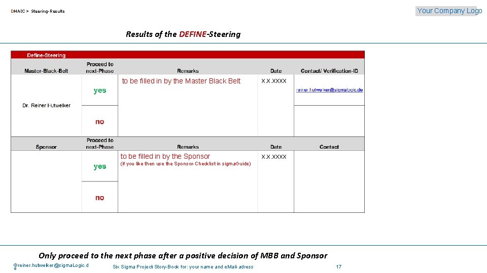 Your Company Logo DMAIC > Steering-Results of the DEFINE-Steering to be filled in by