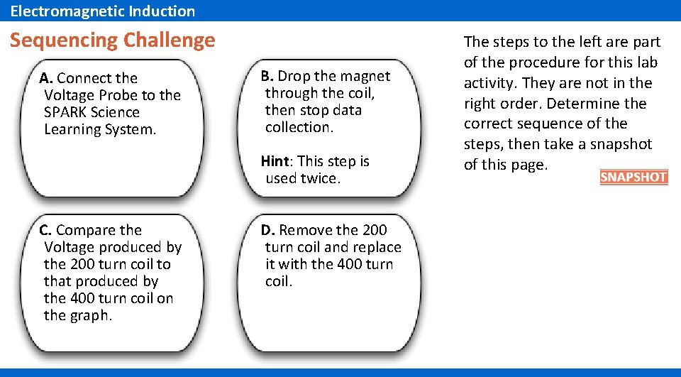Electromagnetic Induction Sequencing Challenge A. Connect the Voltage Probe to the SPARK Science Learning
