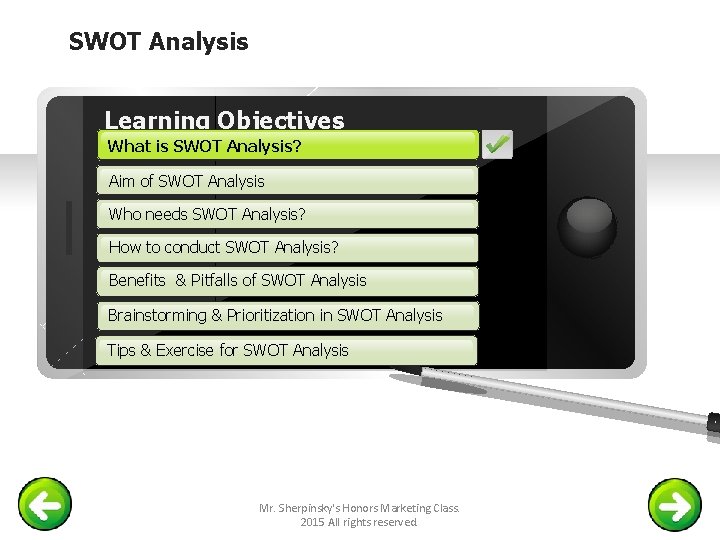 SWOT Analysis Learning Objectives What SWOTAnalysis? What isis. SWOT Aim of SWOT Analysis Who