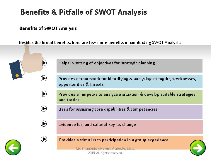 Benefits & Pitfalls of SWOT Analysis Benefits of SWOT Analysis Besides the broad benefits,