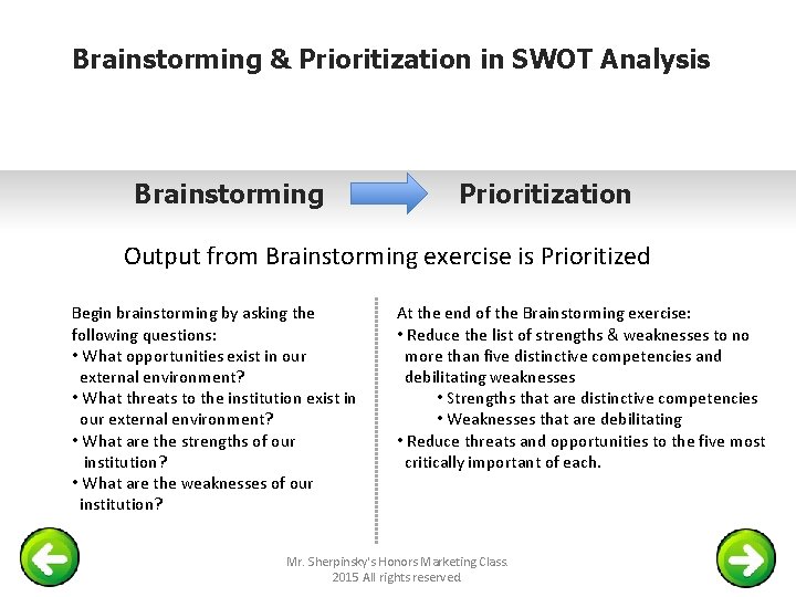 Brainstorming & Prioritization in SWOT Analysis Brainstorming Prioritization Output from Brainstorming exercise is Prioritized