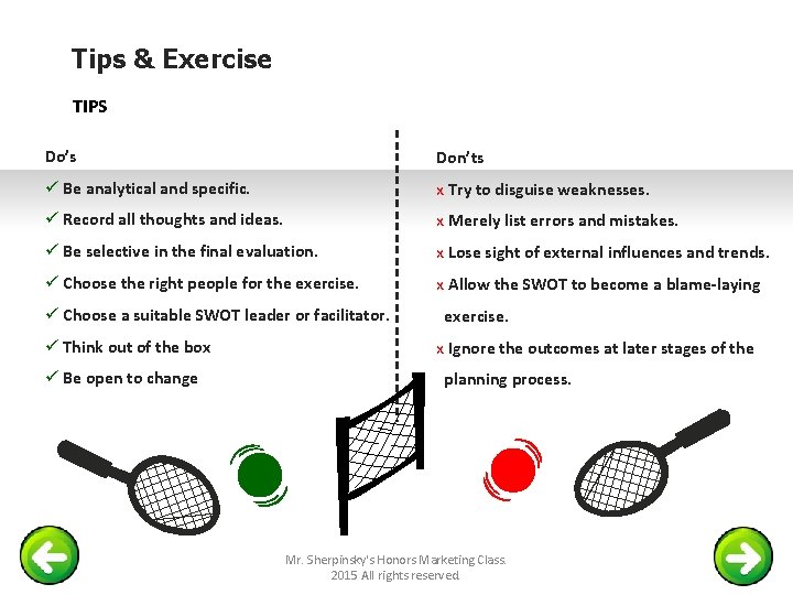 Tips & Exercise TIPS Do’s Don’ts ü Be analytical and specific. х Try to