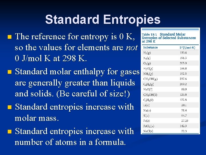 Standard Entropies The reference for entropy is 0 K, so the values for elements