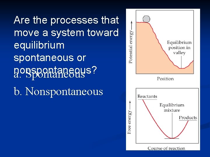 Are the processes that move a system toward equilibrium spontaneous or nonspontaneous? a. Spontaneous