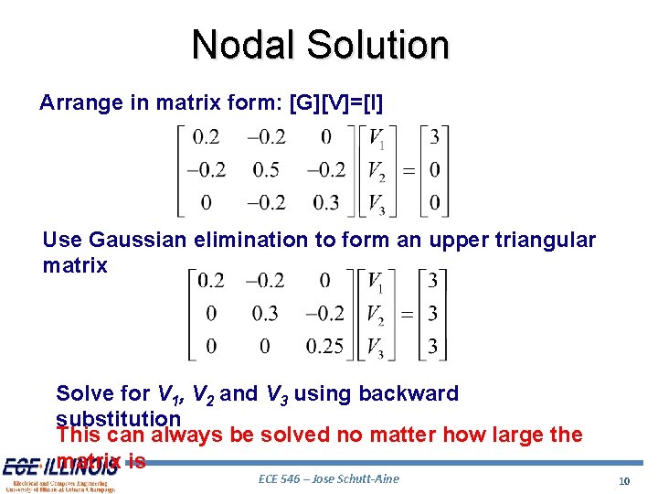 Nodal Solution Arrange in matrix form: [G][V]=[I] Use Gaussian elimination to form an upper