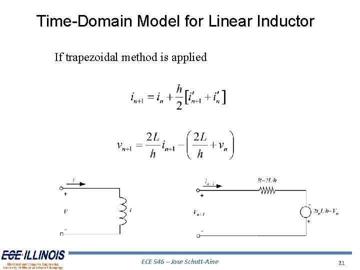 Time-Domain Model for Linear Inductor If trapezoidal method is applied ECE 546 – Jose
