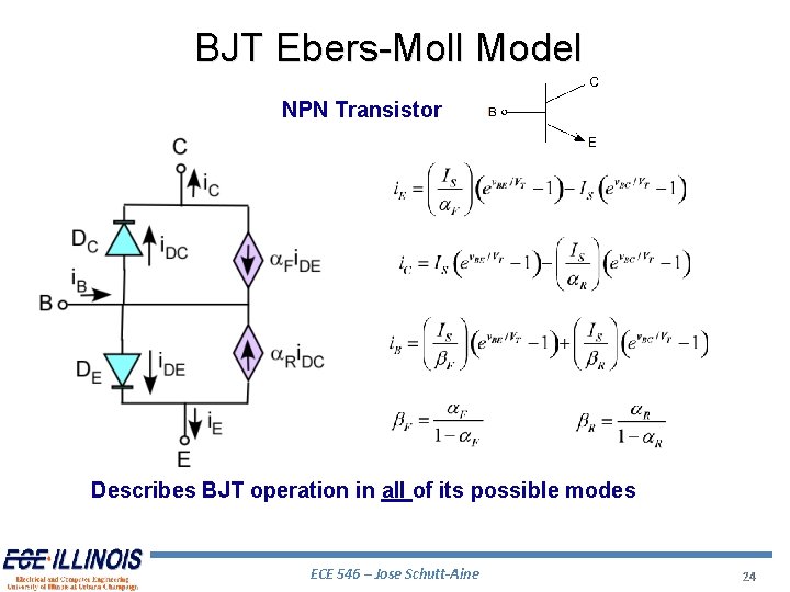 BJT Ebers-Moll Model NPN Transistor Describes BJT operation in all of its possible modes