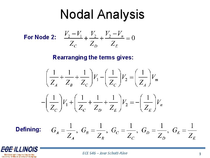 Nodal Analysis For Node 2: Rearranging the terms gives: Defining: ECE 546 – Jose