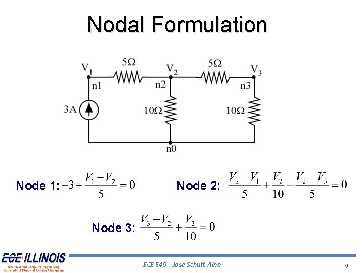 Nodal Formulation Node 1: Node 2: Node 3: ECE 546 – Jose Schutt-Aine 9