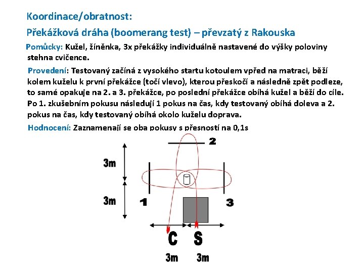  Koordinace/obratnost: Překážková dráha (boomerang test) – převzatý z Rakouska Pomůcky: Kužel, žíněnka, 3