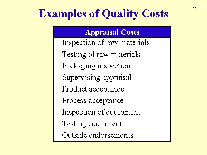 Examples of Quality Costs Appraisal Costs Inspection of raw materials Testing of raw materials Examples of Quality Costs Appraisal Costs Inspection of raw materials Testing of raw materials
