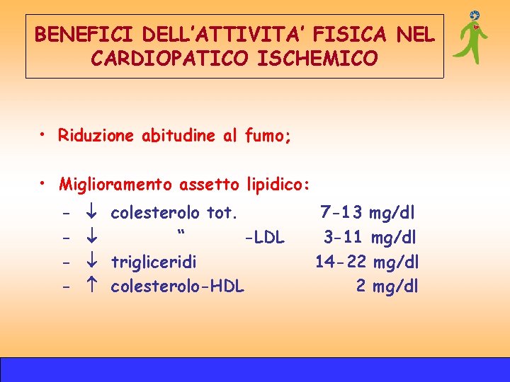 BENEFICI DELL’ATTIVITA’ FISICA NEL CARDIOPATICO ISCHEMICO • Riduzione abitudine al fumo; • Miglioramento assetto BENEFICI DELL’ATTIVITA’ FISICA NEL CARDIOPATICO ISCHEMICO • Riduzione abitudine al fumo; • Miglioramento assetto