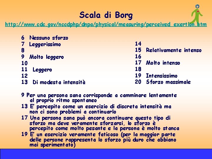 Scala di Borg http: //www. cdc. gov/nccdphp/dnpa/physical/measuring/perceived_exertion. htm 6 Nessuno sforzo 7 Leggerissimo 8 Scala di Borg http: //www. cdc. gov/nccdphp/dnpa/physical/measuring/perceived_exertion. htm 6 Nessuno sforzo 7 Leggerissimo 8
