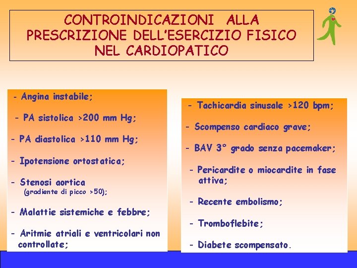 CONTROINDICAZIONI ALLA PRESCRIZIONE DELL’ESERCIZIO FISICO NEL CARDIOPATICO - Angina instabile; - PA sistolica >200 CONTROINDICAZIONI ALLA PRESCRIZIONE DELL’ESERCIZIO FISICO NEL CARDIOPATICO - Angina instabile; - PA sistolica >200