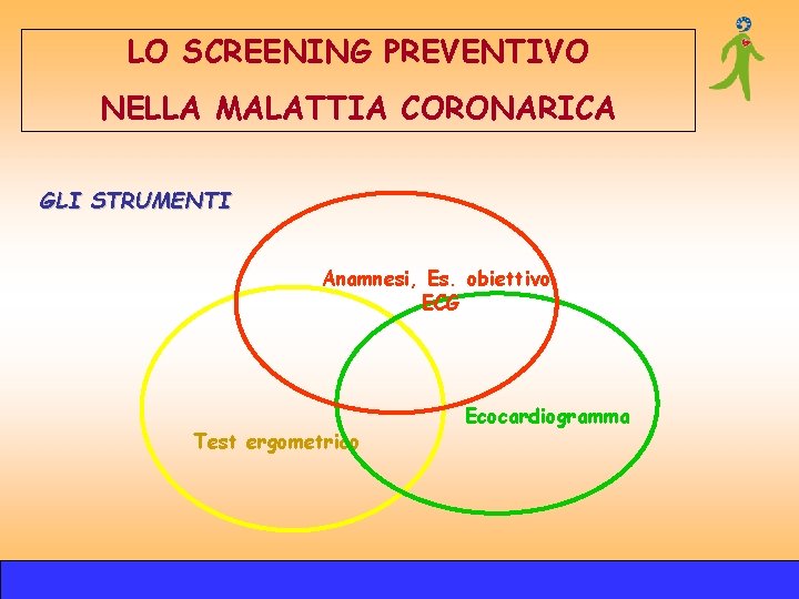 LO SCREENING PREVENTIVO NELLA MALATTIA CORONARICA GLI STRUMENTI Anamnesi, Es. obiettivo, ECG Test ergometrico LO SCREENING PREVENTIVO NELLA MALATTIA CORONARICA GLI STRUMENTI Anamnesi, Es. obiettivo, ECG Test ergometrico