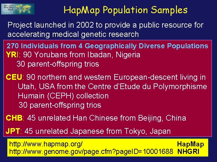 Hap. Map Population Samples Project launched in 2002 to provide a public resource for