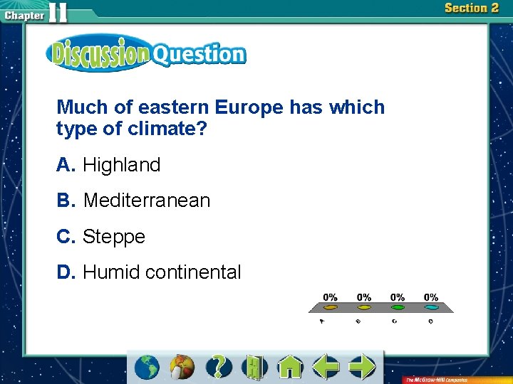 Much of eastern Europe has which type of climate? A. Highland B. Mediterranean C.