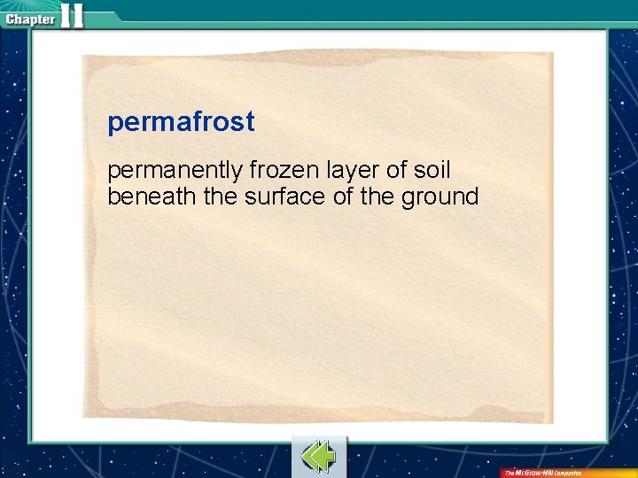 permafrost permanently frozen layer of soil beneath the surface of the ground 