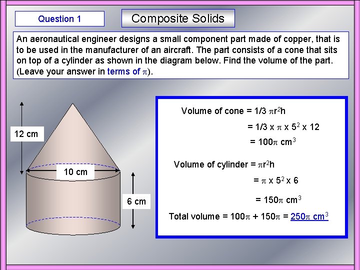 Question 1 Composite Solids An aeronautical engineer designs a small component part made of