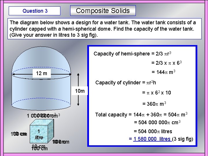 Composite Solids Question 3 The diagram below shows a design for a water tank.