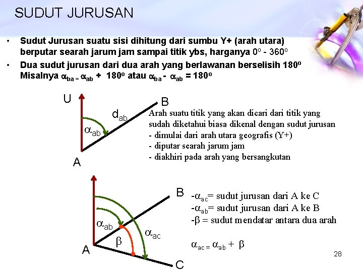 SUDUT JURUSAN • • Sudut Jurusan suatu sisi dihitung dari sumbu Y+ (arah utara)