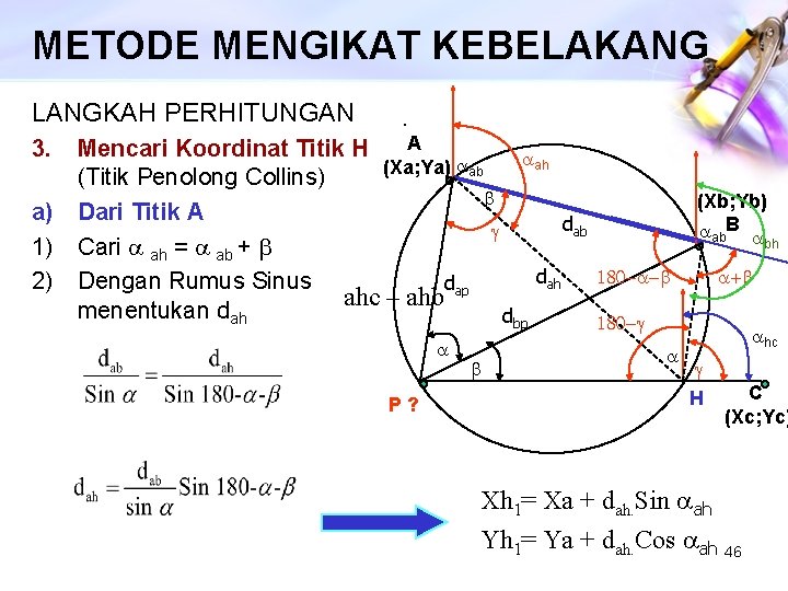 METODE MENGIKAT KEBELAKANG LANGKAH PERHITUNGAN . A Mencari Koordinat Titik H aah (Xa; Ya)