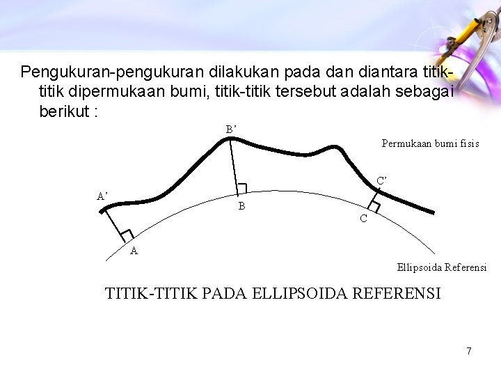 Pengukuran-pengukuran dilakukan pada dan diantara titik dipermukaan bumi, titik-titik tersebut adalah sebagai berikut :